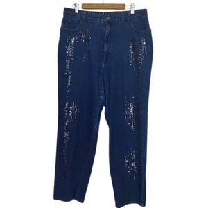 Quacker Factory Sequin Jeans Womens 18 Straight Leg Elastic Waist Cotton Blue